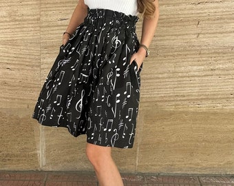 G-clef notes black skirt - Cotton everyday pleated elastic skirt