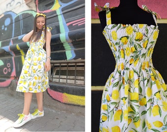 Stretchy lemon summer dress - Universal size bow strap dress - Vintage look dress