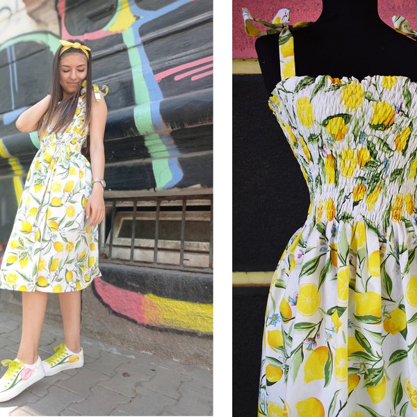 Stretchy lemon summer dress - Universal size bow strap dress - Vintage look dress