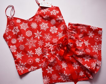 Christmas Red Pajama set, Ladies cotton sleepwear, Snowflake Pajamas, Festive gift set