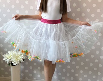 Chic Playdate Fun: Handmade Kids Skirt with White Pompoms - Adorable Twirl-Ready Fashion for Your Little One's Everyday Adventures