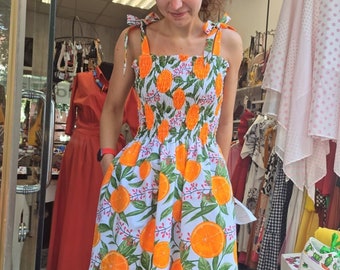 RETRO ORANGE DRESS - Vintage Style Dress - Orange Printed Dress - Orange Midi Dress - Elasticated Dress - Women Retro Dress