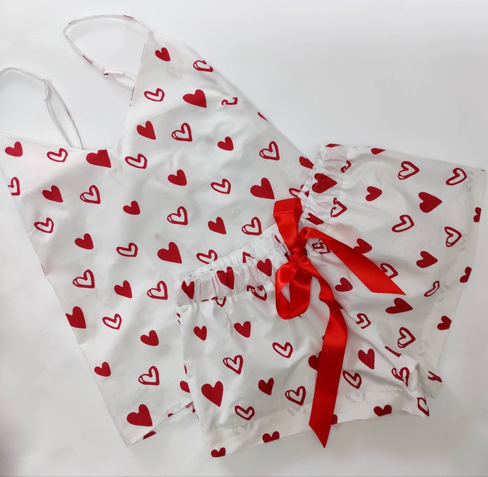Heart Women Pajama sets, Valentine&#39;s Day Gift, Cotton Tank top and shorts, Elasticated, Red and White