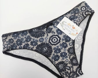 Cotton panties with lace print - Navy blue lace panties