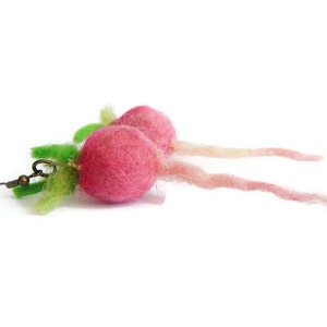 Felted Radishes - Radish Earrings - Vegetable Earrings - Veggie Jewelry - Pink and Green Earrings - Wool Earrings - Wool Jewelry - Handmade
