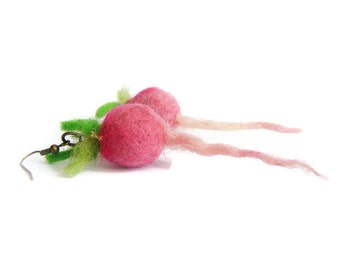 Filz-Radieschen - Rettich Ohrringe - Ohrringe Gemüse - Veggie Schmuck - Rosa und Grün Ohrringe