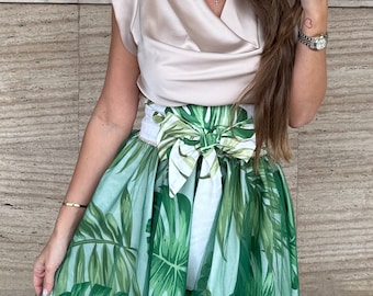 Handmade Green Tulle Skirt with Monstera Plant Pattern - Botanical Beauty!