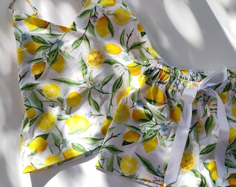 Ladies Lemon Pajama Set, Cotton Sleepwear, Italian Resort Wear, Elasticated shorts and tank top, Yellow and White Outfit