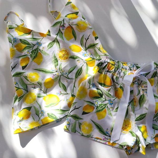 Ladies Lemon Pajama Set, Cotton Sleepwear, Italian Resort Wear, Elasticated shorts and tank top, Yellow and White Outfit