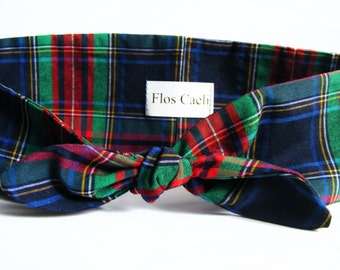 Blue Green Plaid Tartan Headband - Women Bow Headband - Non Stretchy Tie Up Turban - Scotland Plaid - Tartan Headband