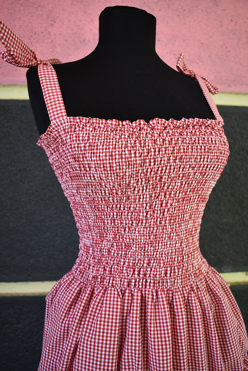 Red plaid elasticated dress Shabby chic dress One size image 3