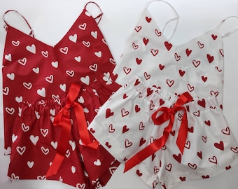 Heart Women Pajama sets, Valentine's Day Gift, Cotton Tank top and shorts, Elasticated, Red and White