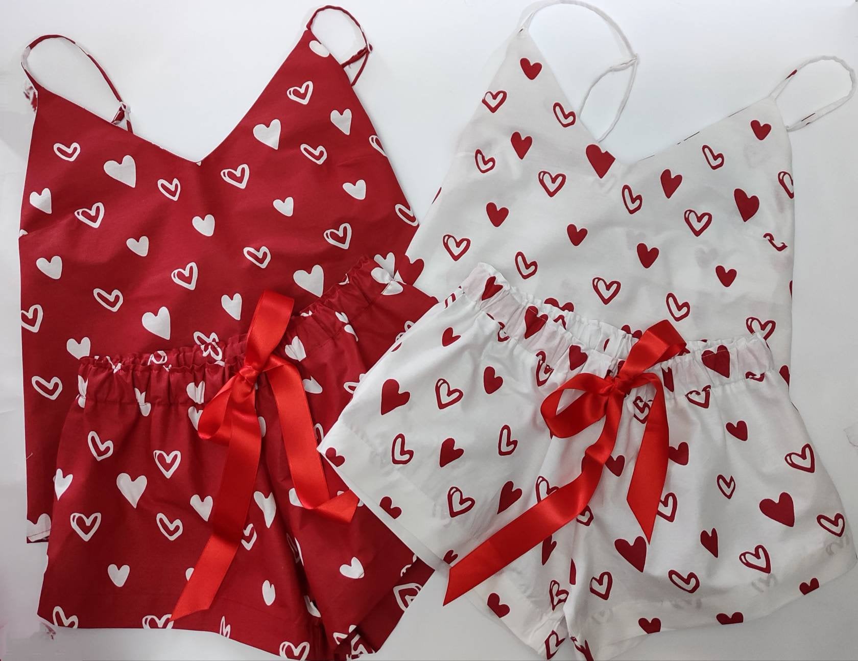 Heart Women Pajama sets, Valentine&#39;s Day Gift, Cotton Tank top and shorts, Elasticated, Red and White