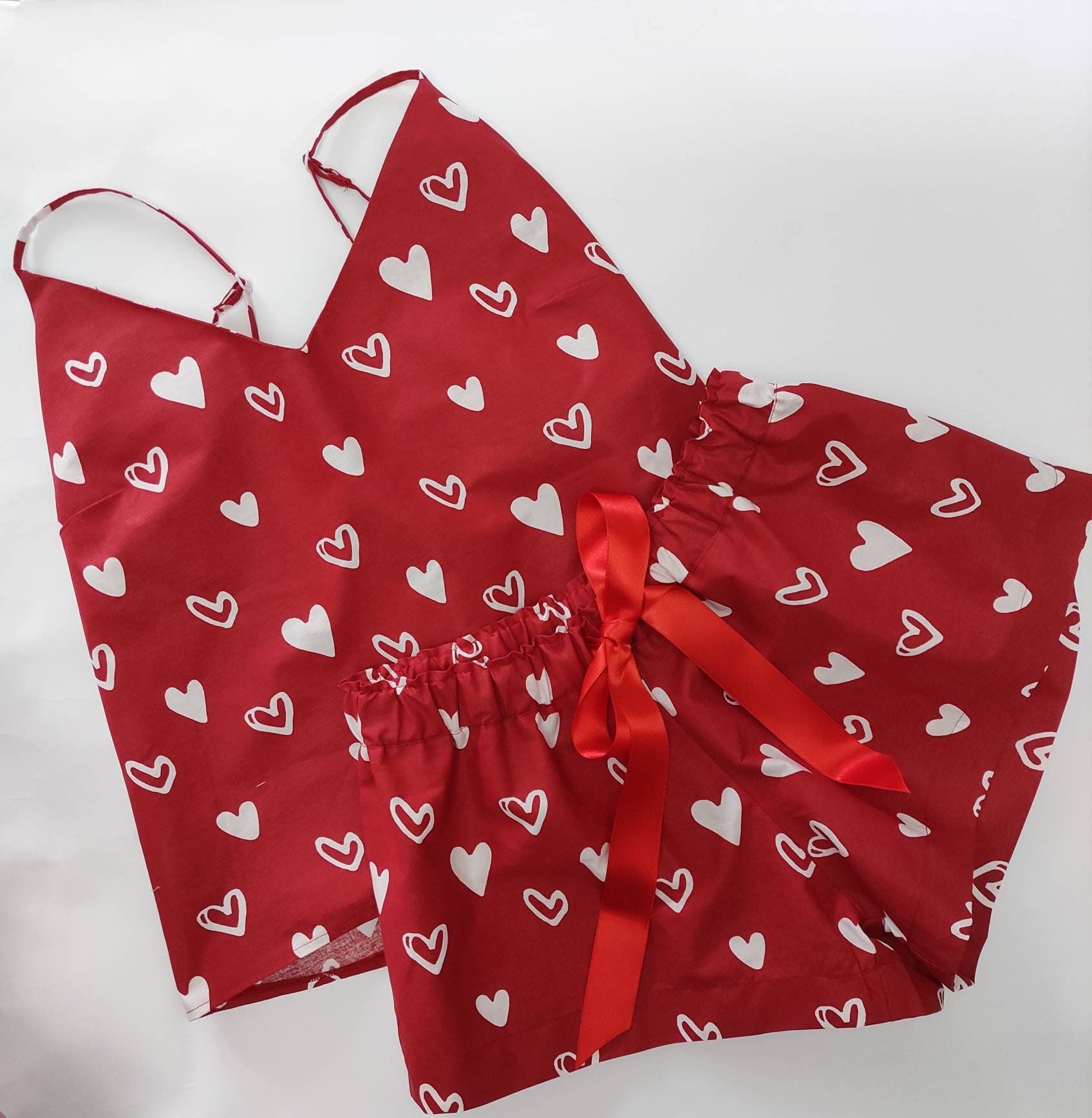 Heart Women Pajama sets, Valentine&#39;s Day Gift, Cotton Tank top and shorts, Elasticated, Red and White