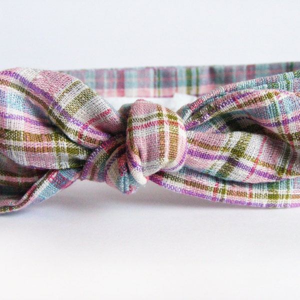 Bunte Plaid Bow Headband - Soft Cotton Stirnband - Rosa und Grün Stirnband - Multicolor Hairwrap - Tie Up Kopftuch