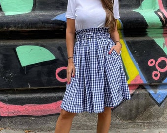 Blue and white plaid skirt with pockets and elastic belt