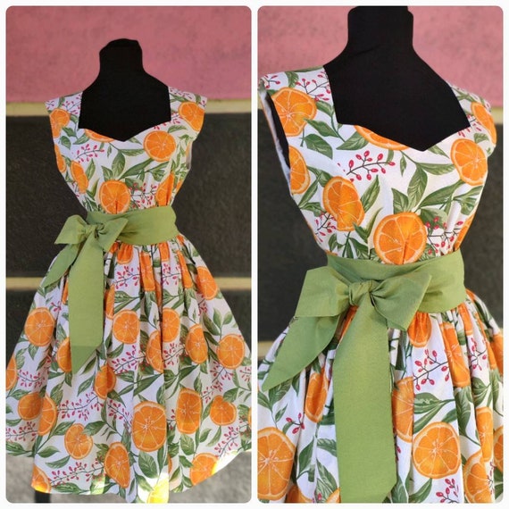 RETRO ORANGE DRESS Vintage Style Dress Orange Printed Dress Orange Midi Dress Elasticated Dress Women Retro Dress