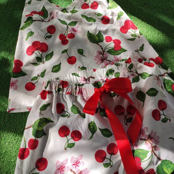 Cherry Pajama Set, Cotton material, Cute pjs, Comfortable sleepwear, Fruity, White and red