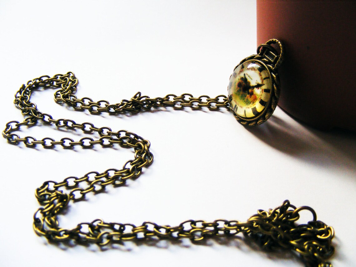 Clock Retro Brass Necklace Long Chain Necklace Charm Etsy