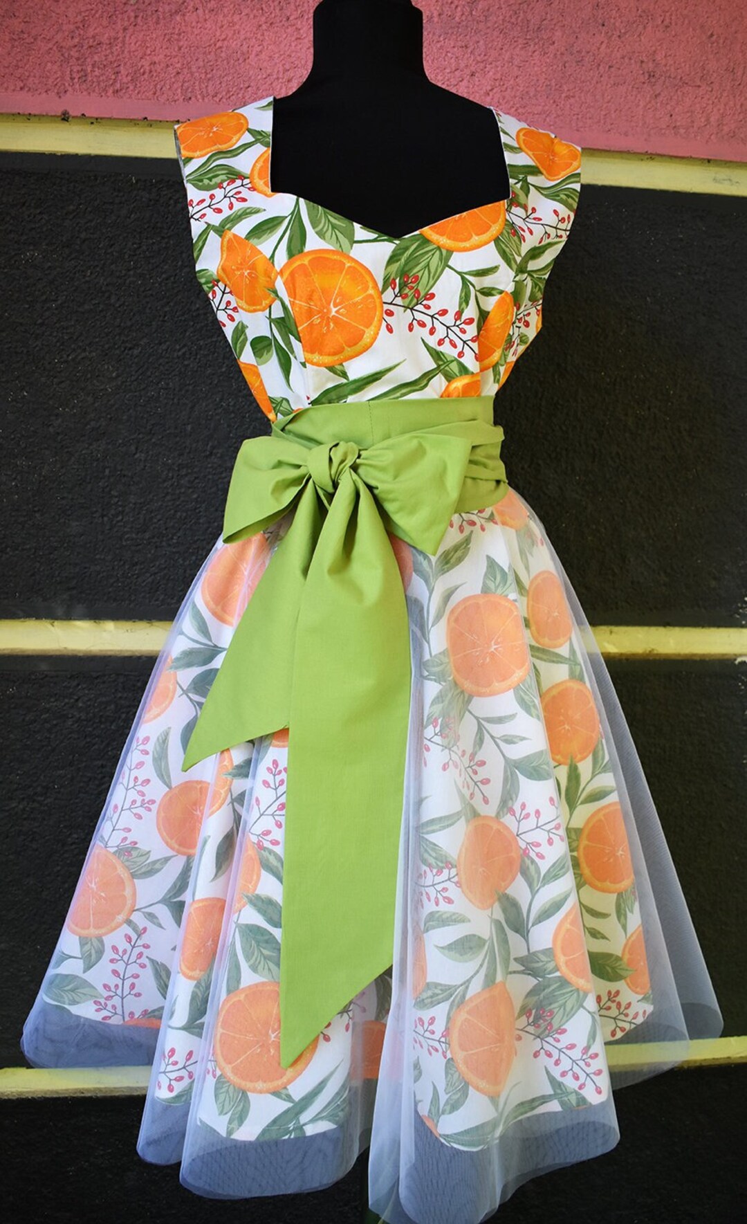 Retro Oranges Fruit Dress Bow Belt Dress Etsy