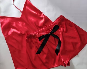 Luxury Pyjama Set, Red satin pajamas, Silk elasticated sleepwear