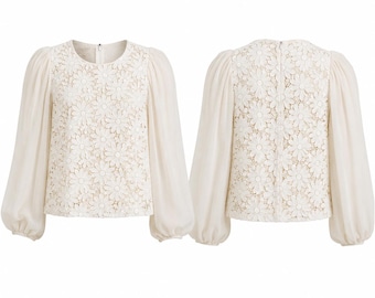 Blusa de seda con encaje y mangas abullonadas de Giambattista Valli, talla XS, color marfil, fabricada en Italia.