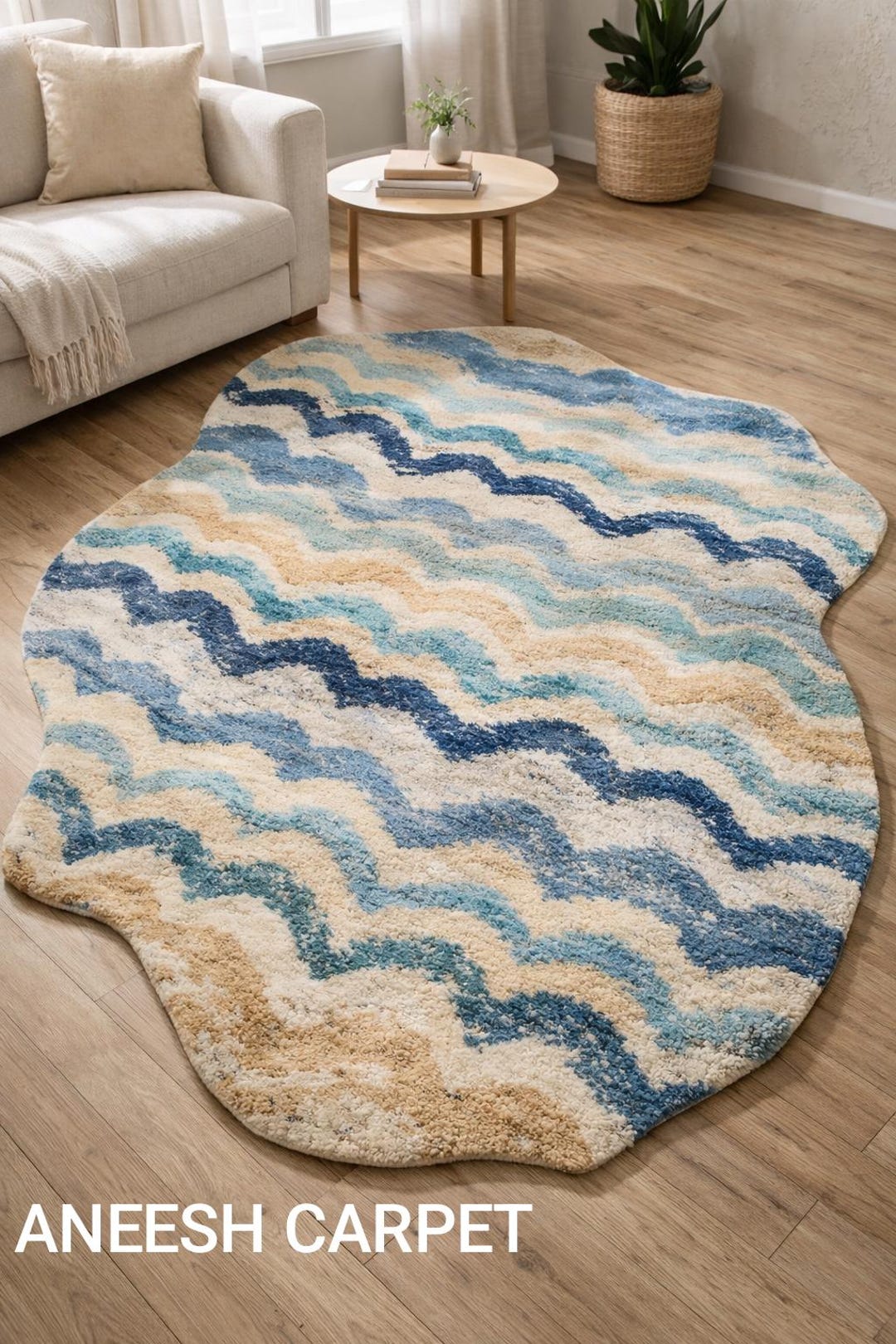 Hand Tufted Irregular Shape Rug, Modern Abstract Wave Pattern Wool Area ...