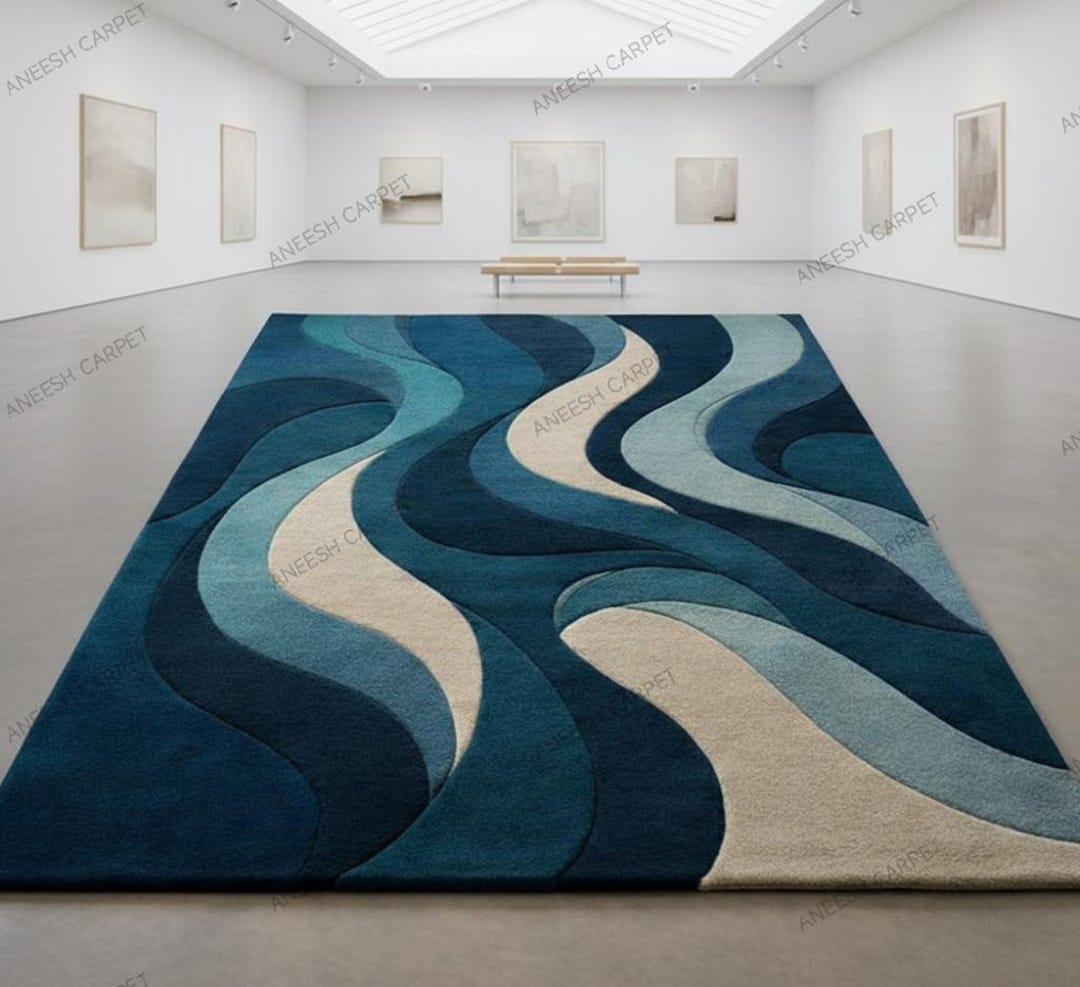Wool Wave Rug Contemporary Abstract Wave Rug, Hand Tufted Wool Area Rug, Blue Beige ...