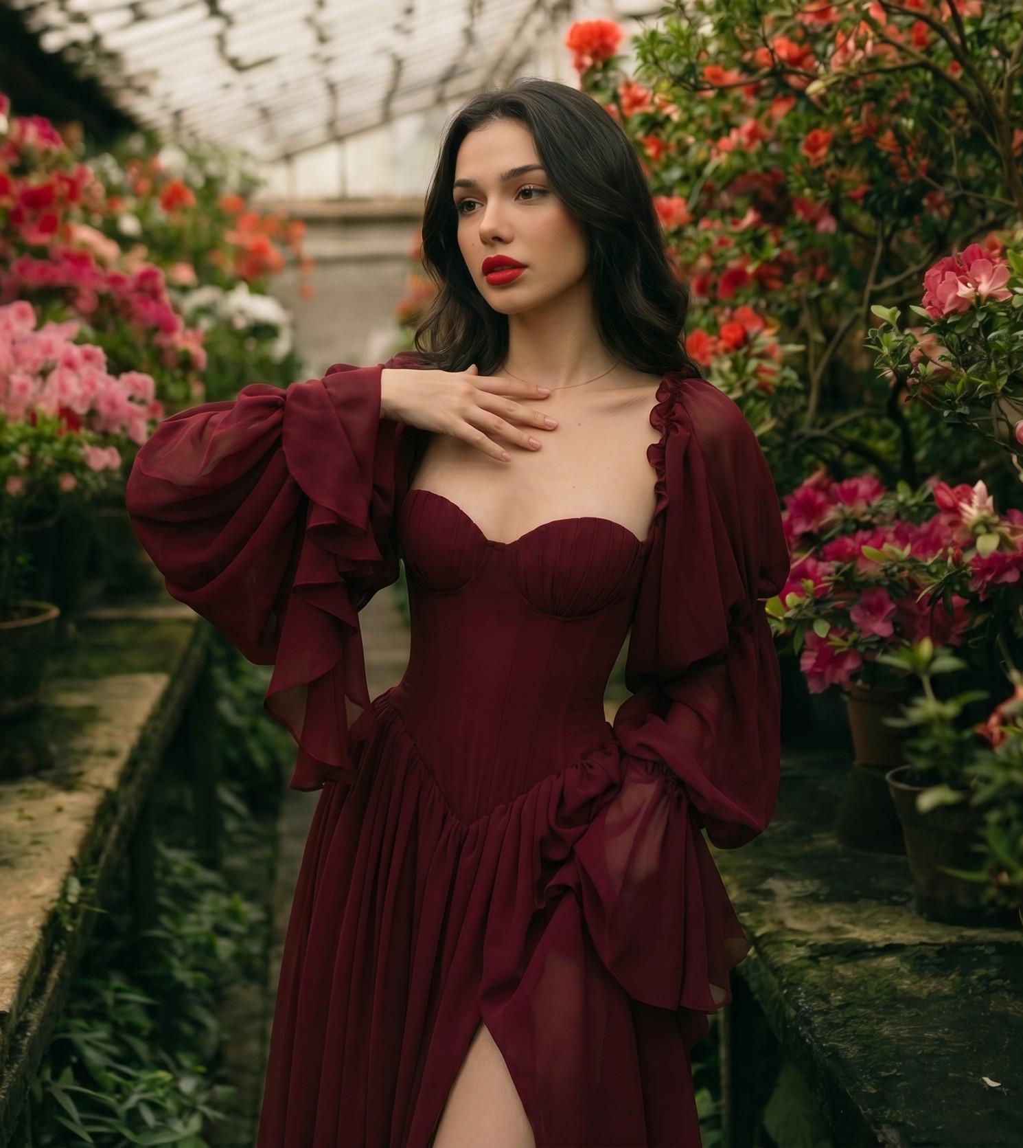 Burgundy Chiffon Corset Maxi Dress With Removable Sleeves