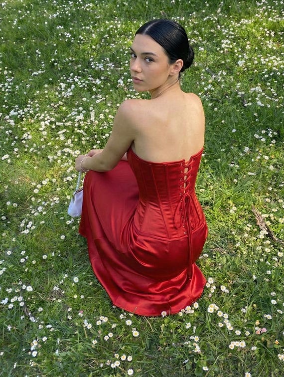 Red Satin Corset With Maxi Skirt, Steel Boned Lace-up Corset, Overbust Corset, Maxi Skirt, Second Dress, Bridesmaid Dress, Prom Dress