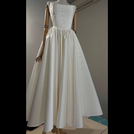 Pearl White Satin Corset Dress With Waist Cinch, Wedding Dress, Full Circle Skirt, Leg Slit & Pearl Beaded Accessory Included, Prom Dress