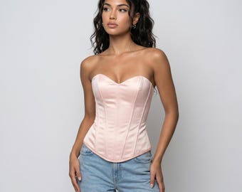 Pink Satin Corset, Simple Corset Top, Overbust Lace-Up Corset, Custom Made Corset