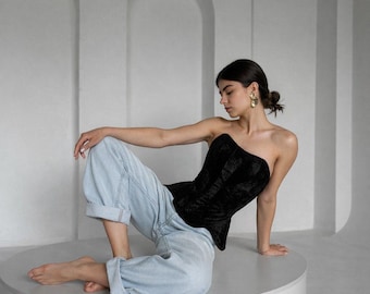 Black Velvet Vintage Corset with Sculpted Side Panels, Hourglass Silhouette Corset Top, Lace Up Corset