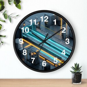 May include: A round wall clock with a black frame. The clock face features a futuristic industrial scene with blue and yellow neon lights. White numerals mark the hours, and black hands indicate the time.