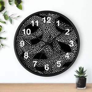 May include: A round black wall clock with a unique design. The clock face features a black background with a pattern of white dots and white numbers. The clock hands are black. The clock is a decorative item for any room.