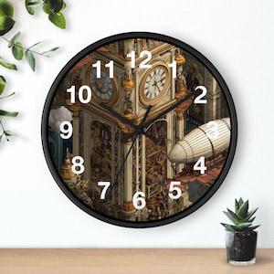 May include: A round wall clock with a black frame. The clock face features a detailed illustration of a steampunk-style building with clock faces, a zeppelin, and ornate architectural details. The clock hands are black.