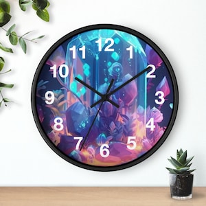 May include: Black round wall clock with a fantasy-themed design. The clock face features a vibrant illustration of crystals, flowers, and geometric shapes in shades of blue, purple, and pink. White numerals mark the hours.