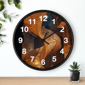 May include: A round wall clock with a black frame. The clock face features an artistic rendering of an ancient structure in shades of brown and tan. White numerals mark the hours.