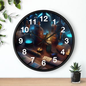 May include: Black-framed wall clock with a fantasy scene of potion bottles, candles, and scrolls. The clock face has white numerals and black hands. The overall theme is a mystical or apothecary aesthetic.