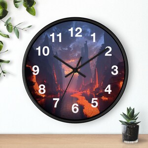 May include: A round wall clock with a black frame. The clock face features a landscape scene with a river and tall buildings in shades of orange, red, and blue. White numerals mark the hours.