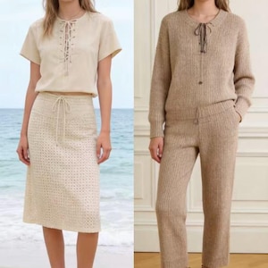 May include: Two outfits: a cream-colored short-sleeved top with a lace-up neckline and a matching skirt, and a tan knit sweater and pants set. Both outfits are paired with lace-up boots. The background is a beach and a room.