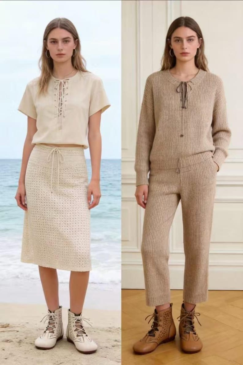 May include: Two outfits: a cream-colored short-sleeved top with a lace-up neckline and a matching skirt, and a tan knit sweater and pants set. Both outfits are paired with lace-up boots. The background is a beach and a room.