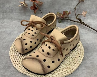 Zapatos de cuero calados hechos a mano, bailarinas bohemias de suela suave para mujer, mocasines transpirables, regalo para mamá, calzado cómodo para el Día de la Madre.