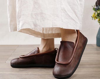 Mocassini da donna in pelle fatti a mano, scarpe slip-on in morbida pelle bovina traspirante, calzature comode e antiscivolo per il lavoro e l'uso quotidiano, un regalo perfetto per lei.