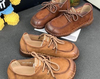 Handmade Leather Lace Up Shoes Women Retro Casual Oxford Flats Comfortable Old Money Walking Shoes, Mothers Day Gift for Mom
