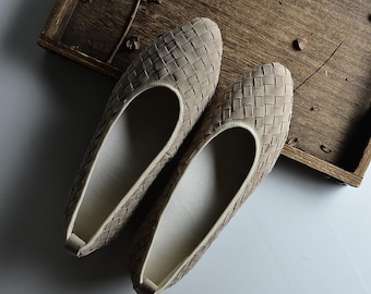 Handmade Woven Suede Ballet Flats Women Pointed Toe Flats, Boho Mary Jane Shoes Vintage Leather Slip On Cottagecore Footwear