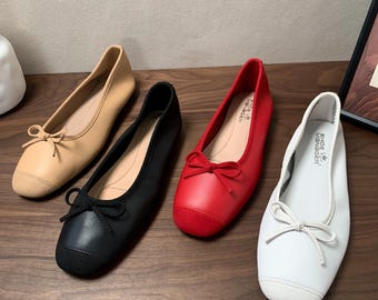 Handmade Leather Ballet Flats Women, Soft Sole Mary Jane Shoes, Bow Flats, Driving Shoes, Casual Work Flats, French Style Leather Shoes