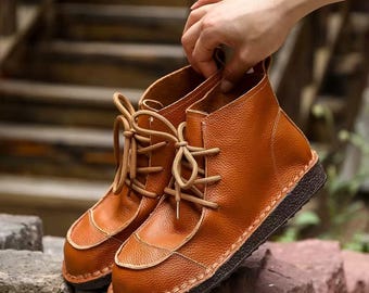 Handmade Leather Boots Soft Full Grain Fleece-lined High-top Shoes Women Lace-Up Ankle Boots Valentine Gifts