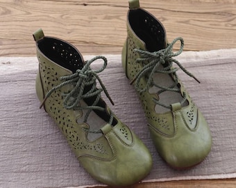 Botas boho de cuero calado hechas a mano, zapatos planos transpirables y suaves al tobillo, calzado de lujo para mujer para primavera y verano, regalo para el Día de la Madre