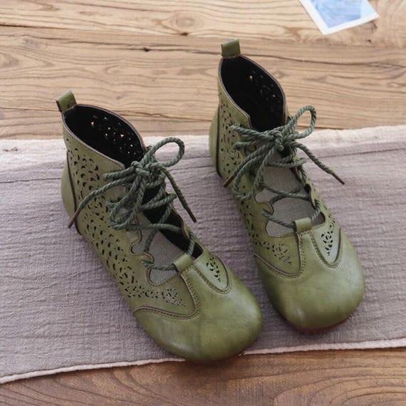 Handmade Bohemian Leather Cutout Boots, Breathable Soft Flat Ankle Shoes, Luxury Women’s Spring Summer Footwear, Mother’s Day Gift